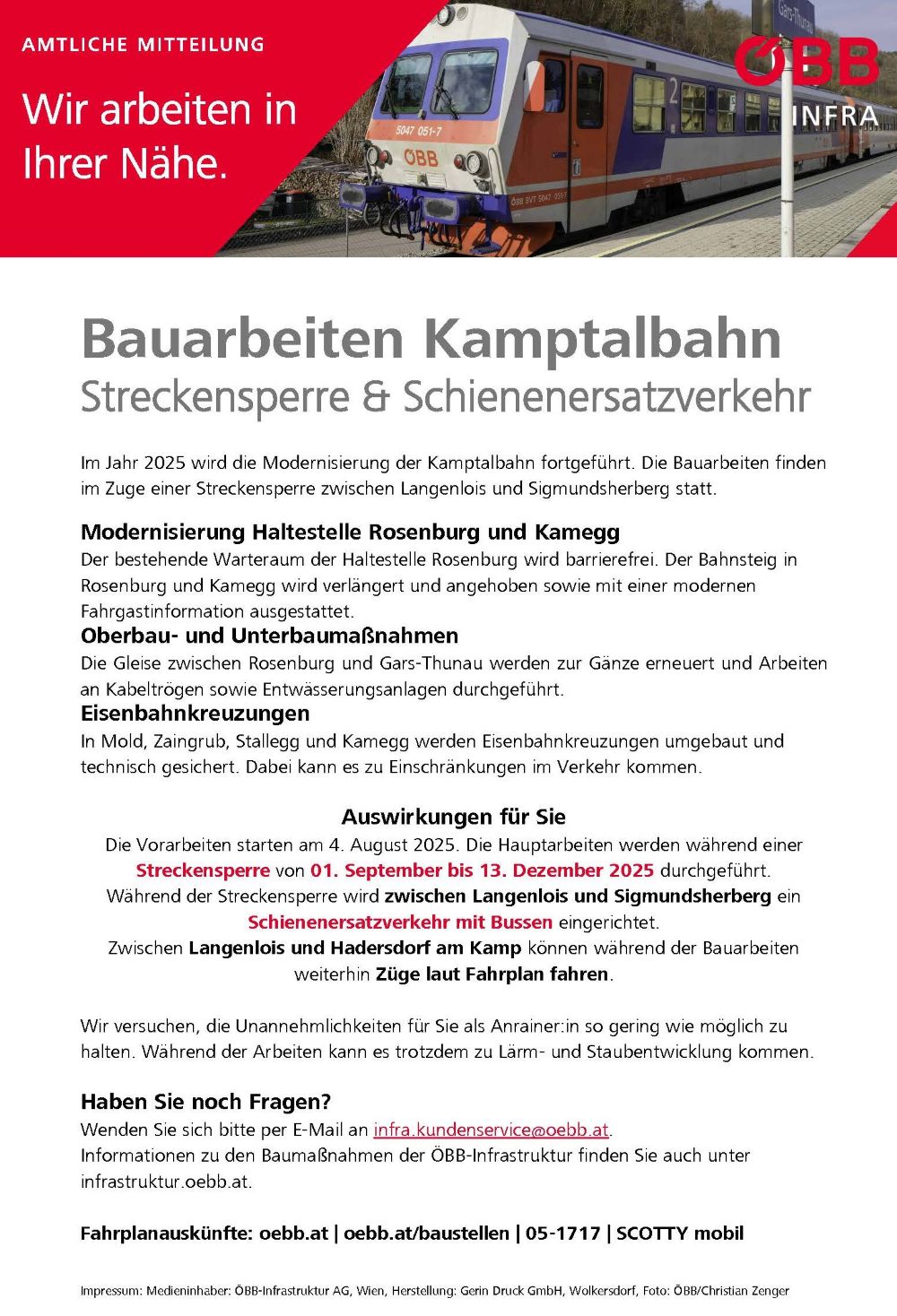 Plakat Bauarbeiten Kamptalbahn